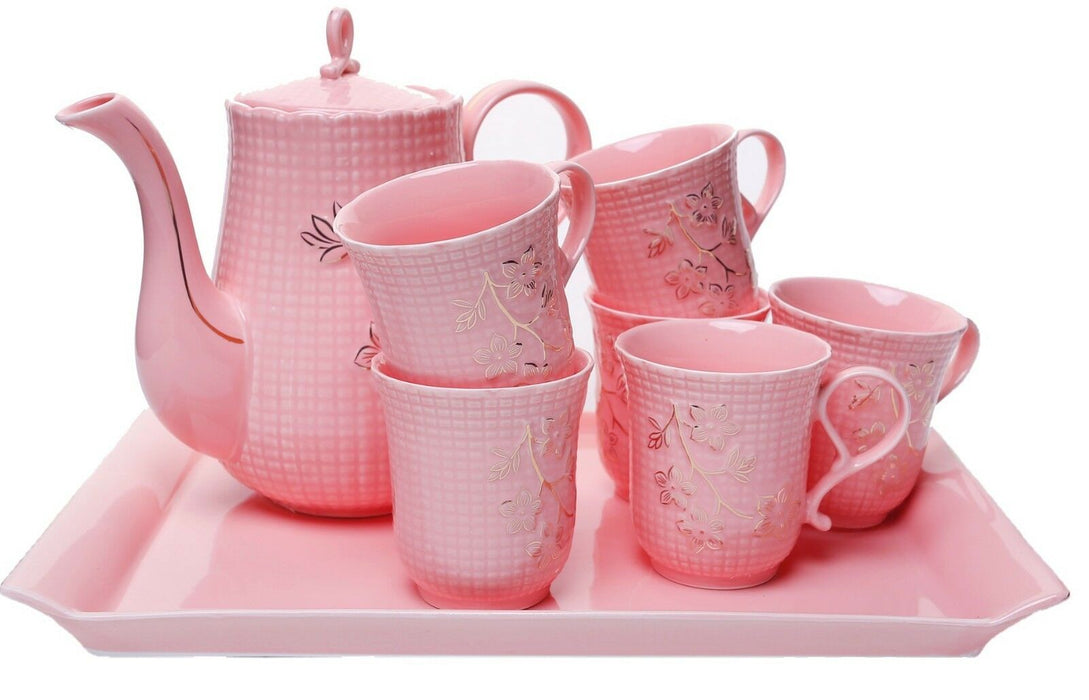 8 Piece Tea Pot Set & Cup Set Pink Porcelain Teapot With Matching Cups & Tray