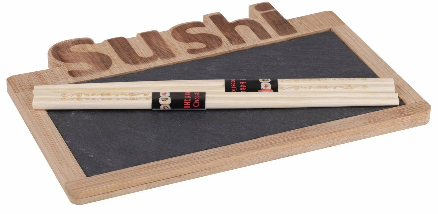 Sushi Set Bamboo Wood Sushi Plate With Slate & 2 Sets of Chopsticks