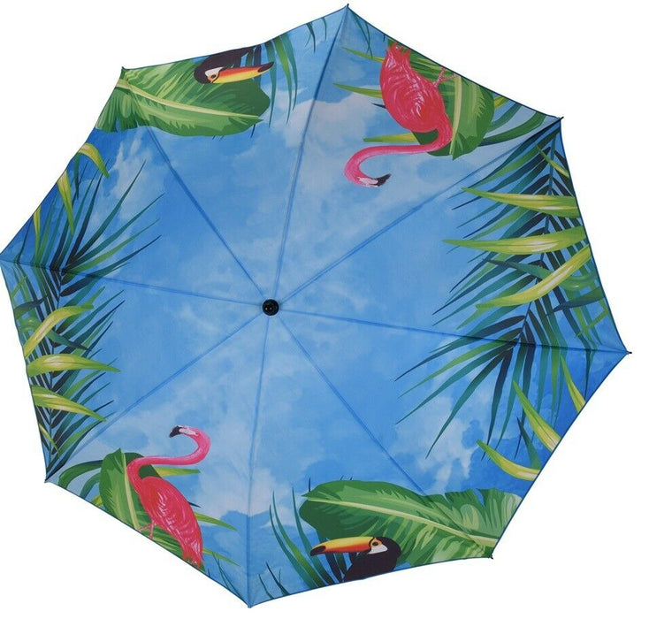 Bright Coloured Parasol Garden Beach Shade Blue & Green Flamingo & Toucan Design