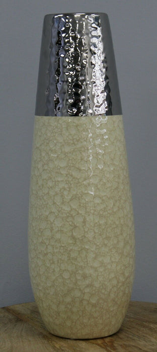 36cm Tall Crackled Cream & Hammered Silver Decor Vase Ceramic Flower Vase