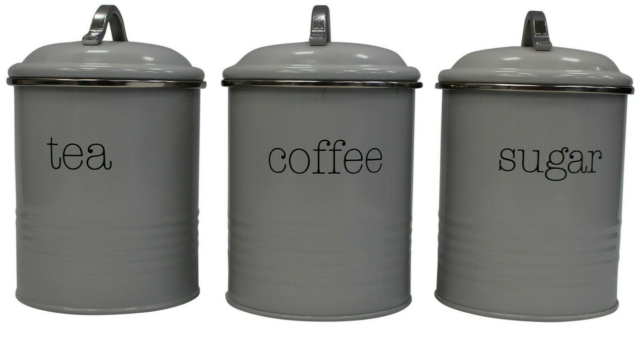 Vintage Retro Tea Coffee Sugar Canister Countertop Storage Set Pastel Grey