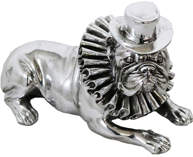 Large Bulldog Figurine 25cm Silver Bulldog With Hat & Ruffle Collar Lying Down