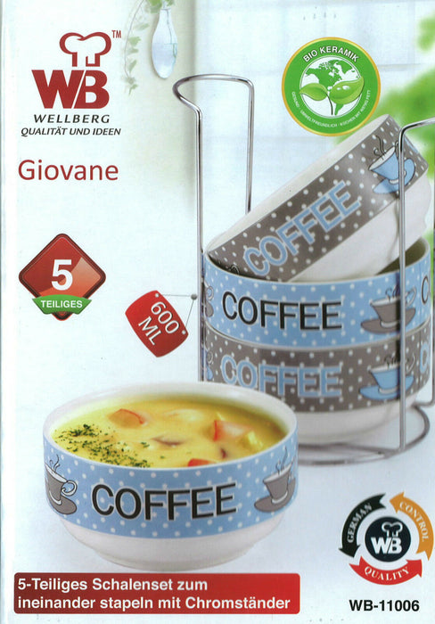 5 Piece China Stackable Breakfast Bowls Set Pasta Bowl Soup Bowl  Coffee Themed