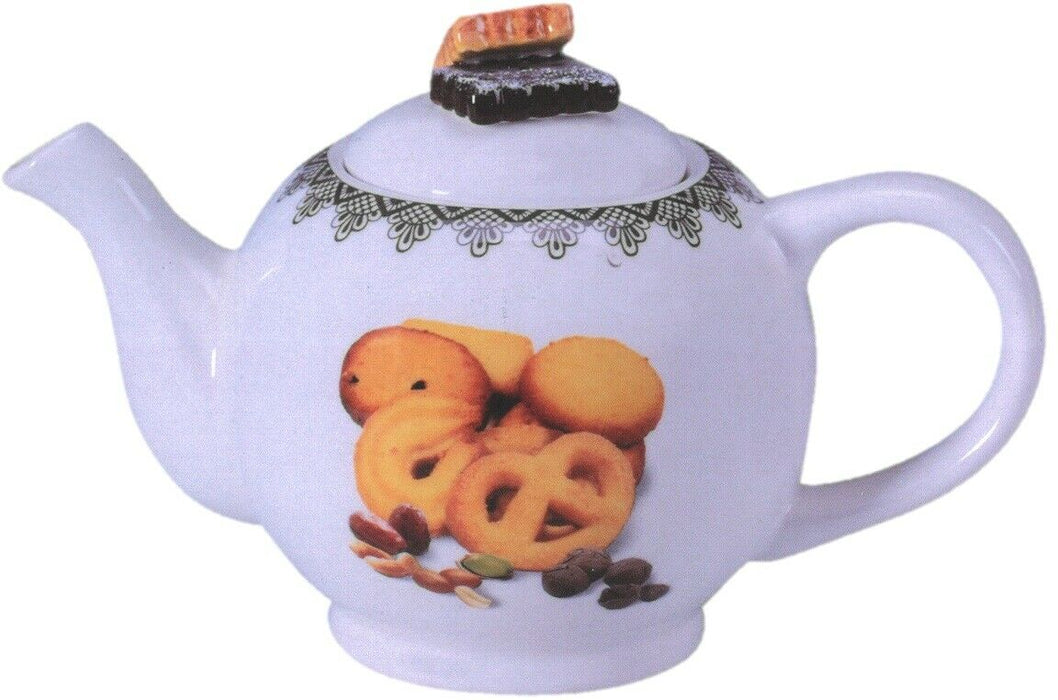 800ml White Porcelain Tea pot With Colourful Cookies on Teapot & Biscuit Lid