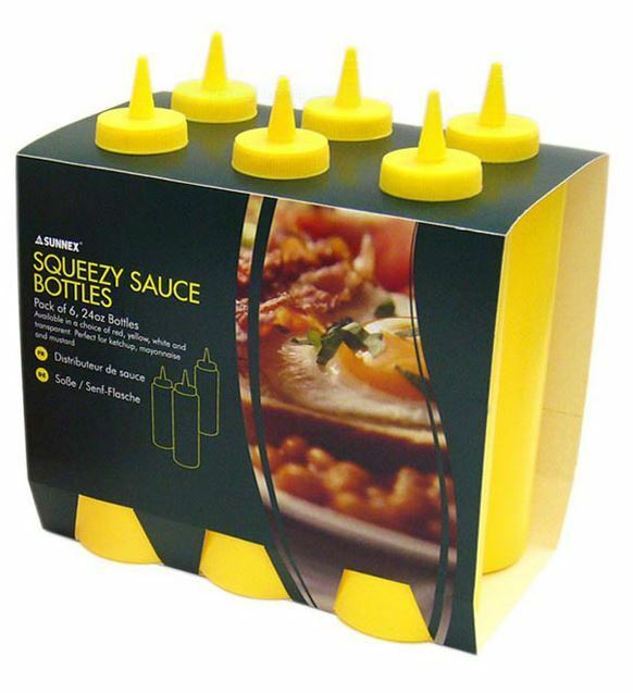 Set of 6 Squeezy Plastic Sauce Bottles Red Yellow Clear Brown Ketchup Mustard