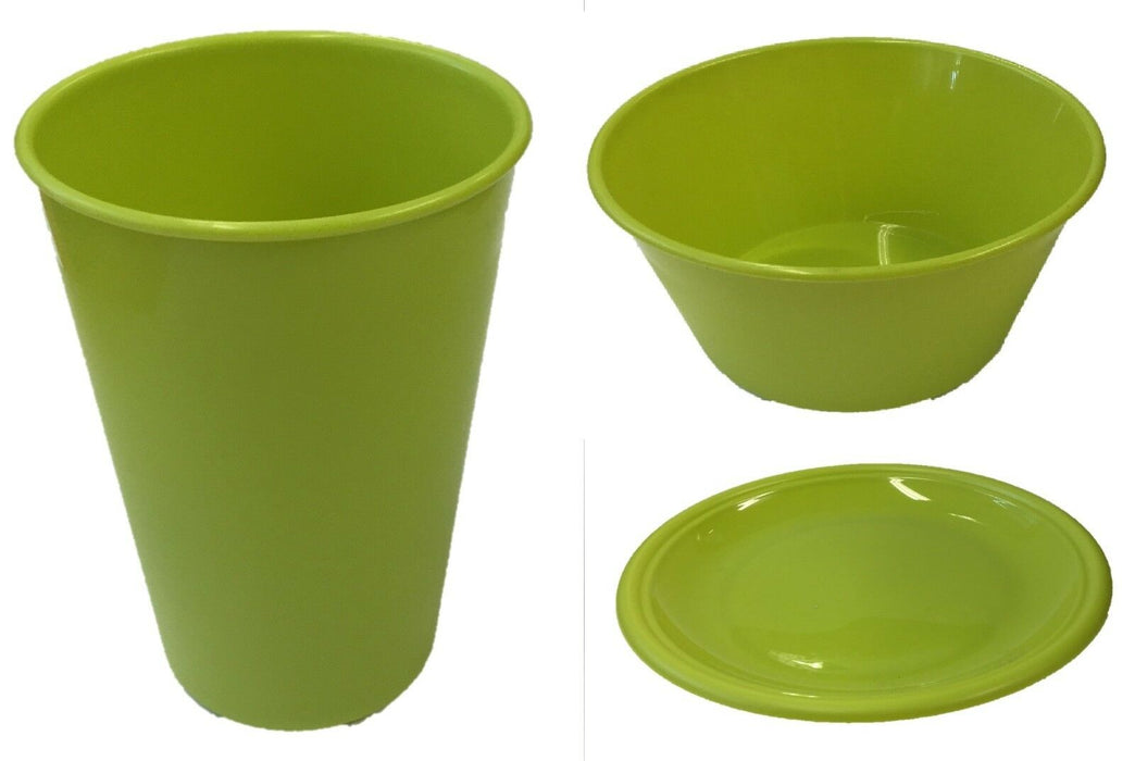 Set of 4 Plastic Plates Bowls Tumblers Wont break Picnic Camping Tableware Green