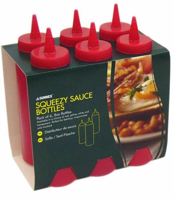 Set of 6 Squeezy Plastic Sauce Bottles Red Yellow Clear Brown Ketchup Mustard