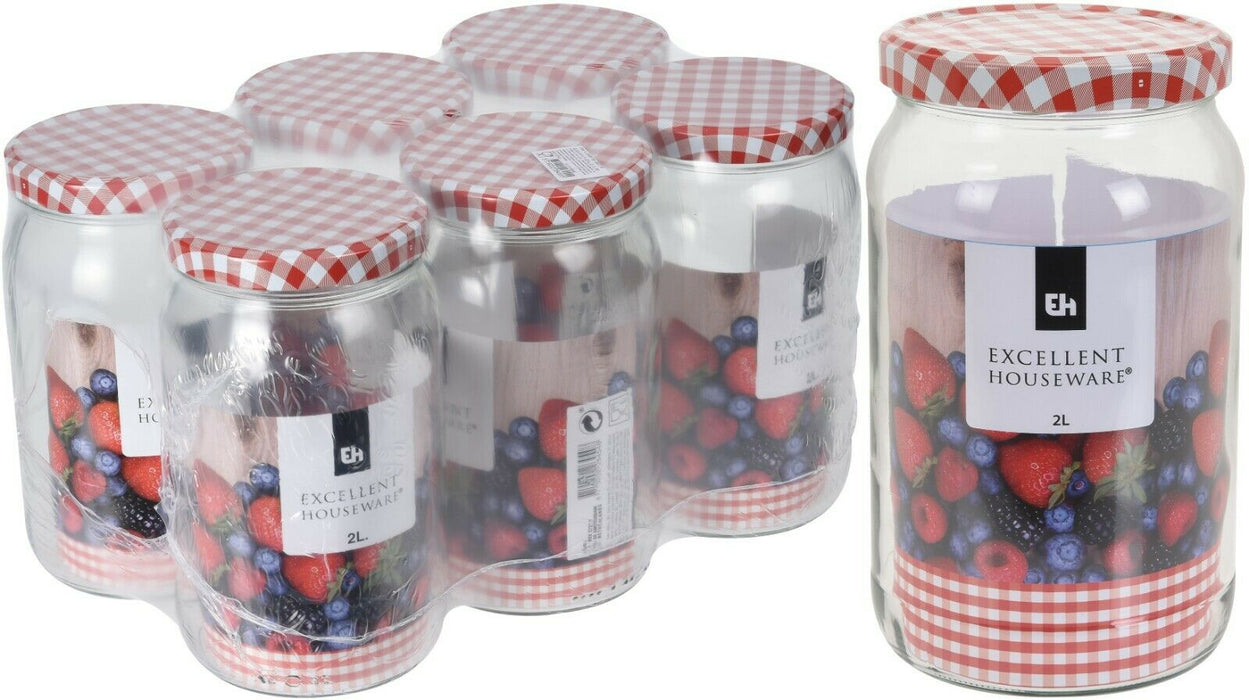 Set of 6 Large Glass Preserve Jar Preserve Jars With Red Tartan Lids 2 Litres