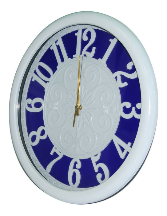 Large 35cm White & Blue Wall Clock Modern Design With Clear Numericals