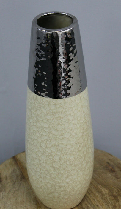 36cm Tall Crackled Cream & Hammered Silver Decor Vase Ceramic Flower Vase