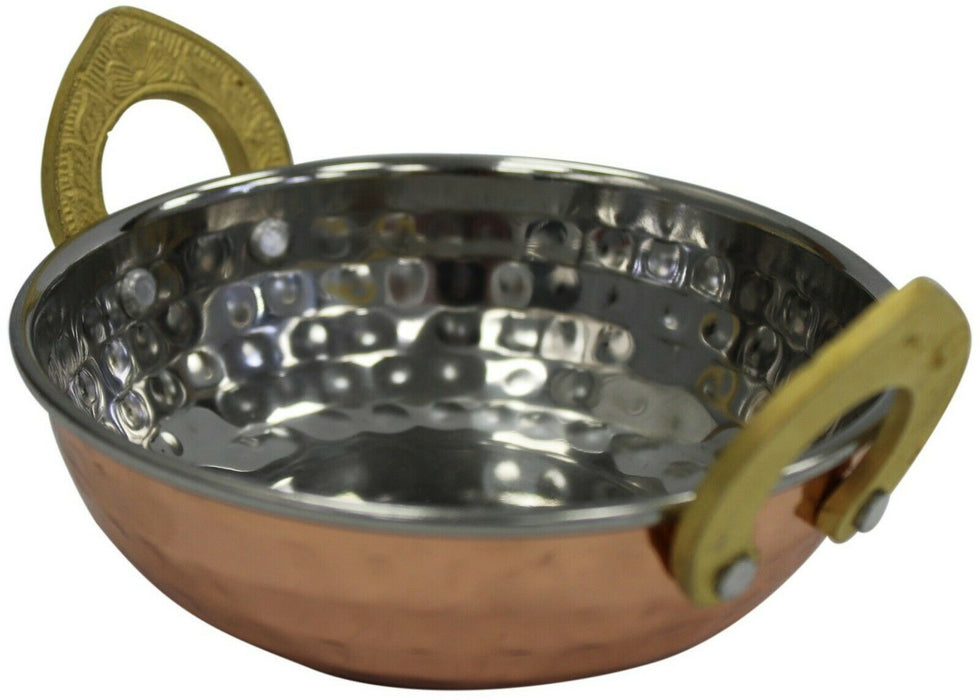 Shiny Copper Kadai Dish Rice Bowl Balti Dish Bowl With Brass Handles Hammered