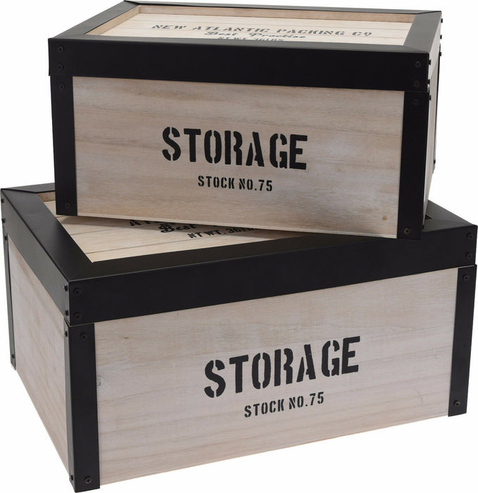 Set of 2 Retro Wood Storage Boxes With Black Metal Trims. Nestable Storage