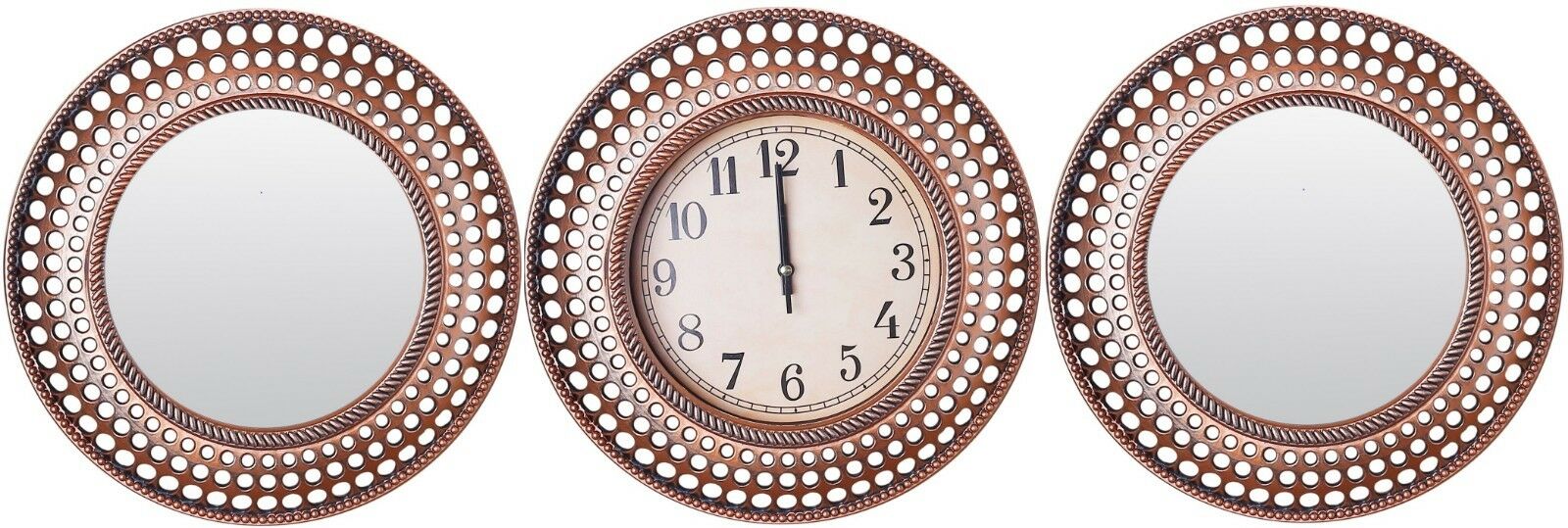 Set of 3 Brushed Copper Wall Clock & 2 Matching Mirror Wall Hanging Clock Mirror