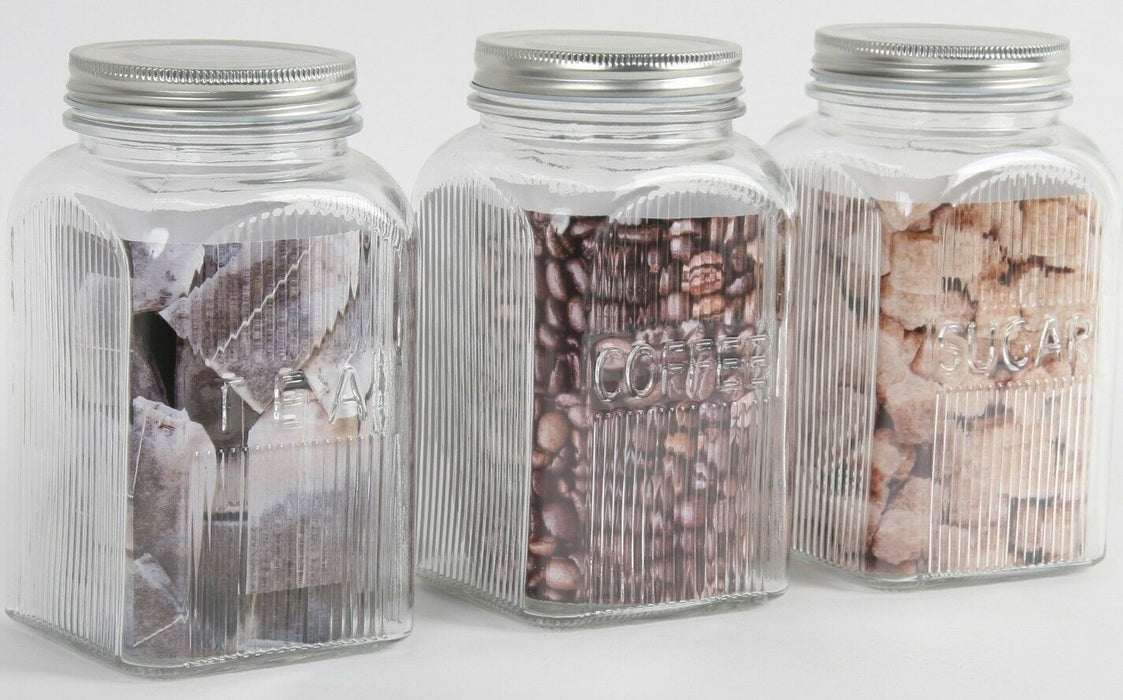 Tea Coffee Sugar Large Glass Storage Jars 1.2 Litre capacity Ribbed Canisters