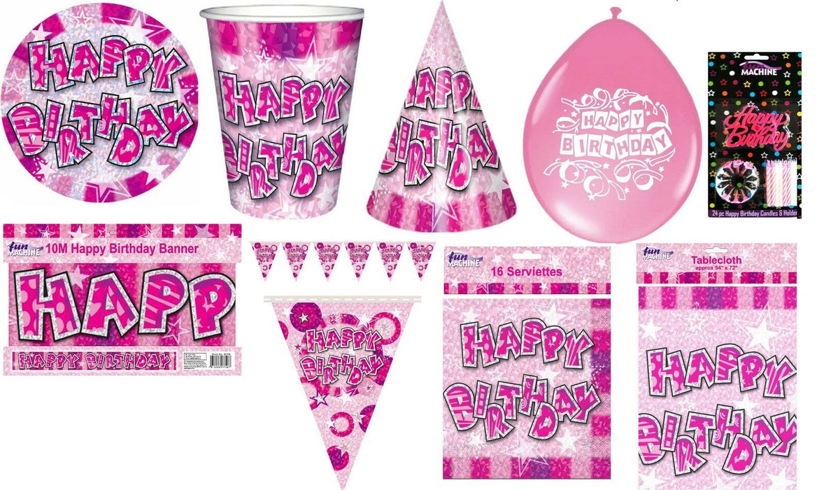Massive 83 Piece Happy Birthday Party Pack Plates Cups Candles Cloth Hats Pink