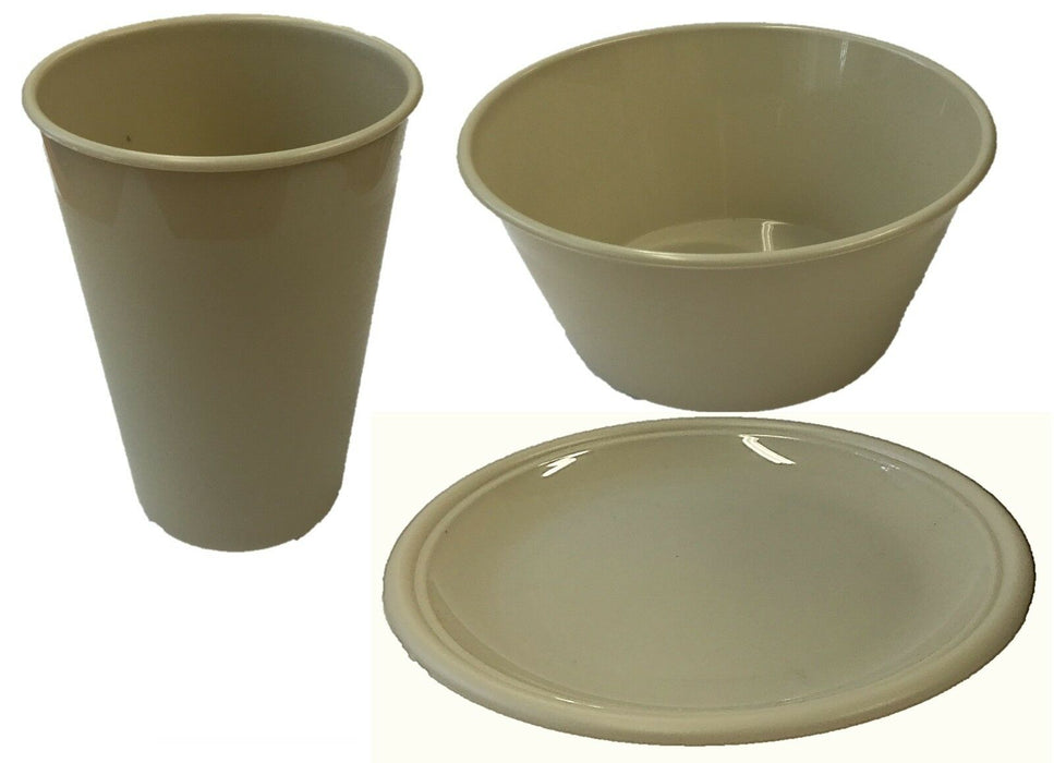 Set of 4 Plastic Plates Bowls Tumblers Wont break Picnic Camping Tableware Beige