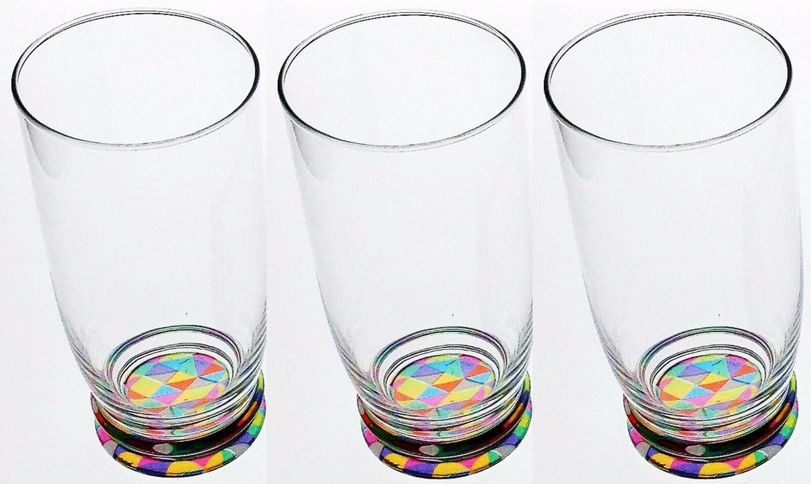Set of 3 High Ball Wide Mouth Glass Tumblers Unique Colourful Base Design 420ml