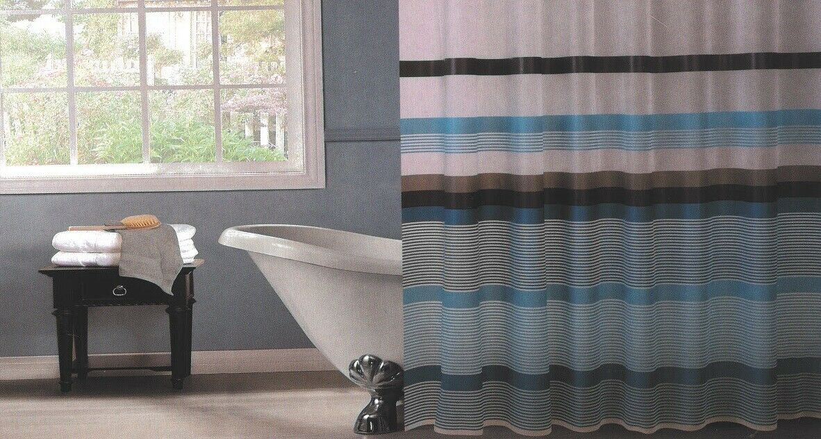 Striped Blue Shower Curtain 180 x 180cm Including Hooks Reinforced Hook Holes