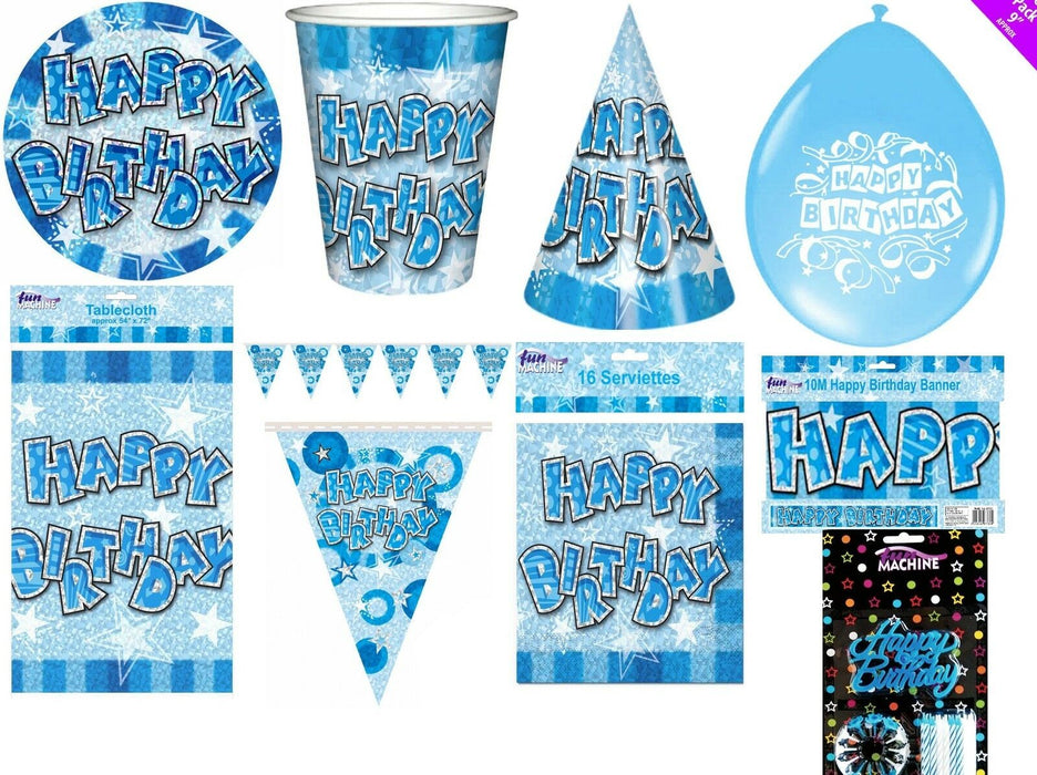 Massive 83 Piece Happy Birthday Party Pack Plates Cups Candles Cloth Hats - BLUE