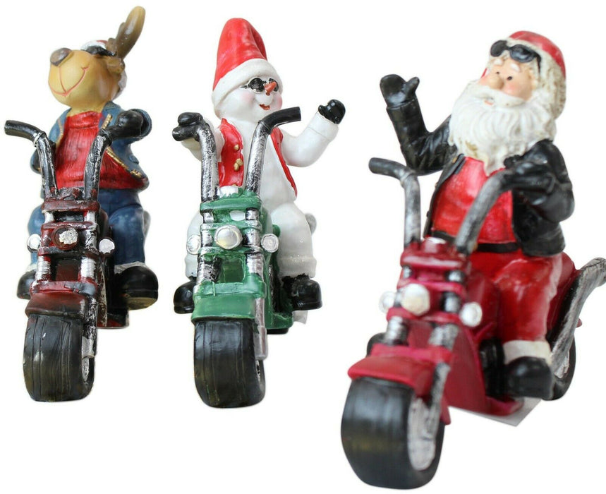 Christmas Decoration Figurine Santa Snowman Reindeer On Motorbike Ornament