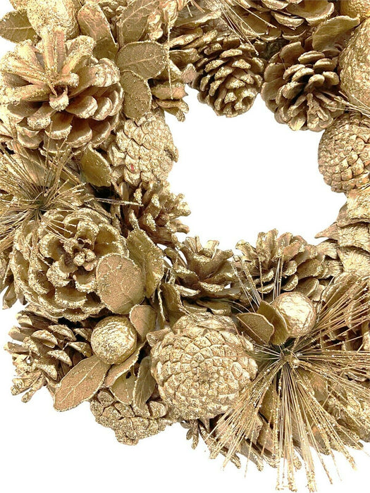 30cm Christmas Gold Wreath Hanging Xmas Door Wreath Decoration & Cones PREMIUM