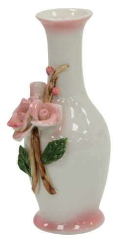 14cm Ceramic Bud Vase White & Pink 3D Flower Design Thin Bottle Neck Ornament