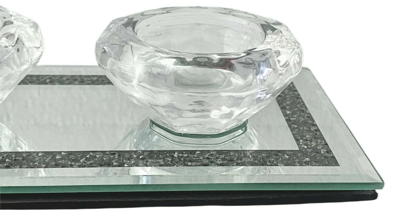 Triple Tealight Candle Holder Crush Diamond Glass Mirrored Tea Light Holder 25cm