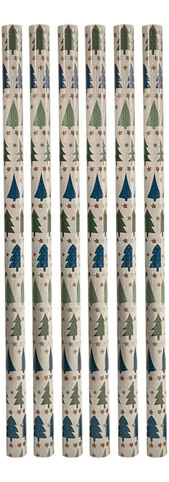 Set of 6 Christmas Wrapping Paper Rolls Green Blue Tree Design Gift Wrapping 12m