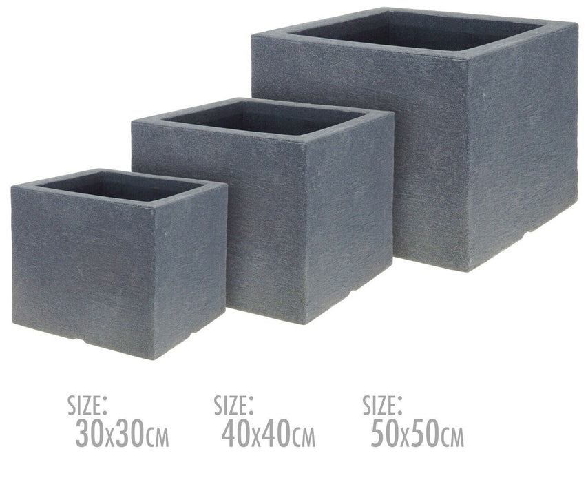 Rammento Set of 3 Large Square Plastic Planters, Charcoal Grey Concrete Effect
