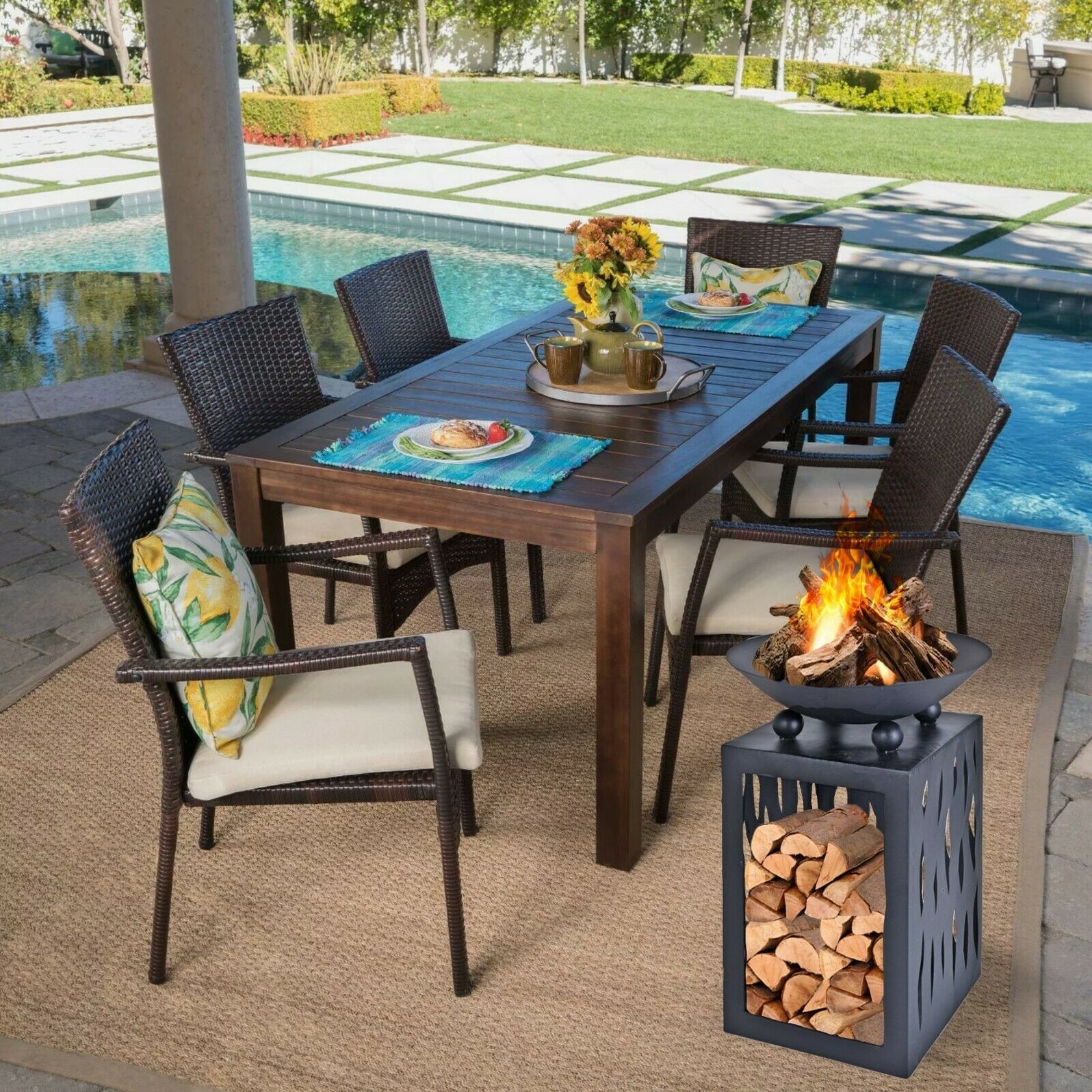 Modern Outdoor Fire Pit Large Raised Fire Bowl Raised With Log Store 6