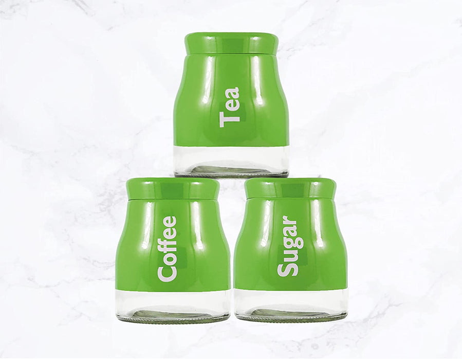 Set of 3 Green Glass Tea Coffee Sugar Canister Caddy Set Large 900ml