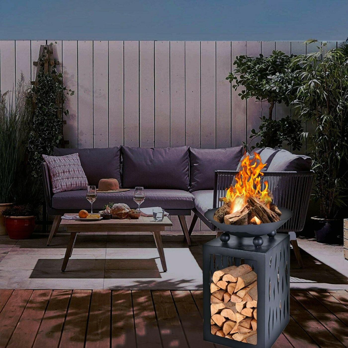 Modern Outdoor Fire Pit Large Raised Fire Bowl Raised With Log Store 6