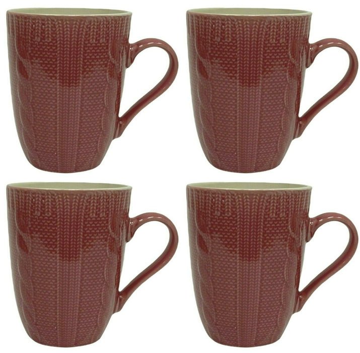 Set Of 4 Large Mugs Pink Ceramic Patterned Cable Knit Coffee Mugs Tea Cups 400ml