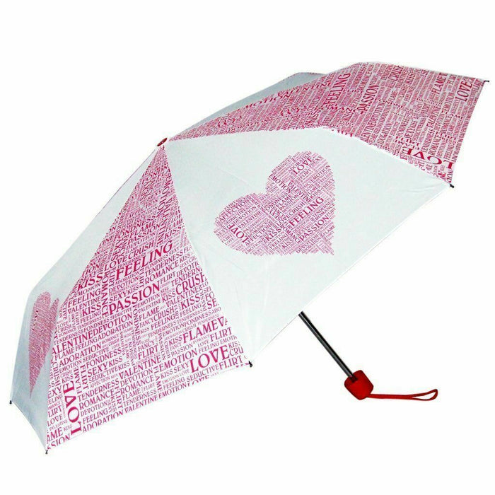 Ladies Mini Compact Folding Umbrella Pink Heart Valentines Umbrella
