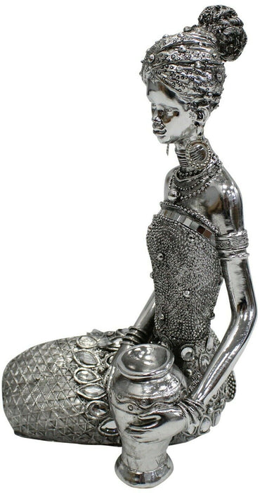 25cm Tall Silver Sitting Tribal Lady With Pot Stunning Intricate Detail