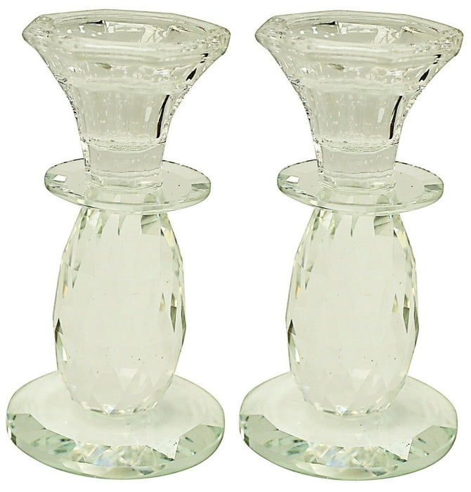 Set of 2 Small Crystal Glass Candlesticks 14cm Tall Round Candle Holders