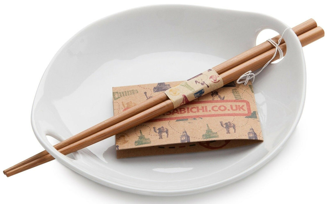 Sabichi White Porcelain Rice Dish With Bamboo Reusable Chopsticks