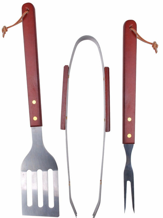 3 Piece BBQ set  Barbecue Spatula Tong and Fork with Wooden handles Deluxe Set