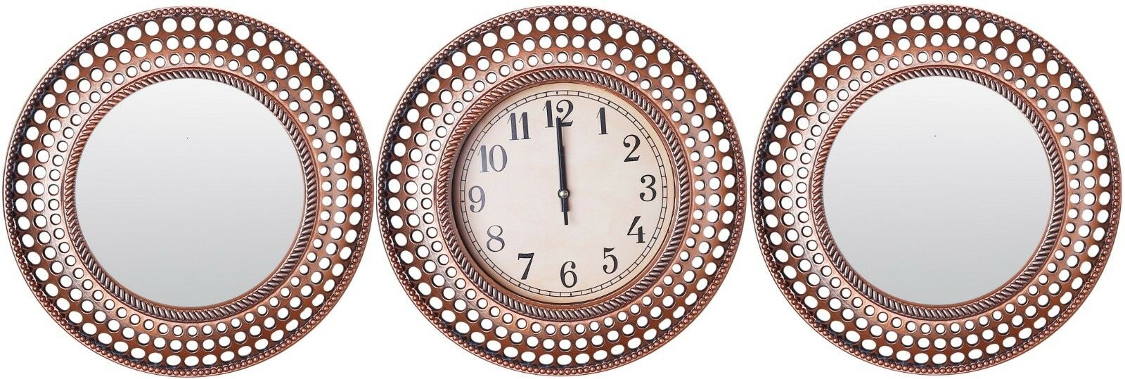 Set of 3 Brushed Copper Wall Clock & 2 Matching Mirror Wall Hanging Clock Mirror