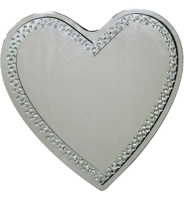 Large Heart Shaped Silver Wall Mirror Diamond Crystals Edging 70cm