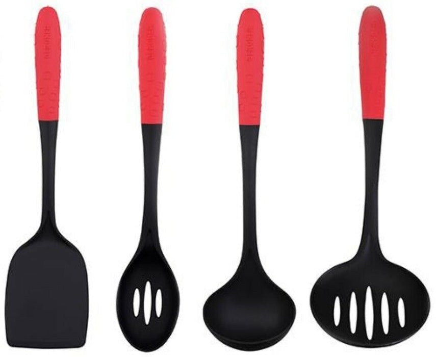 Bergner Set 4 Red & Black Nylon Kitchen Utensils Ladle Spoon Slotted Turner