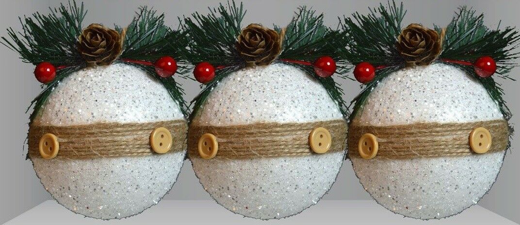 3 Pcs Rustic Bauble Set | 9.5cm (3.74") Glitter Finish Tree Decorations | Wreath Style Baubles