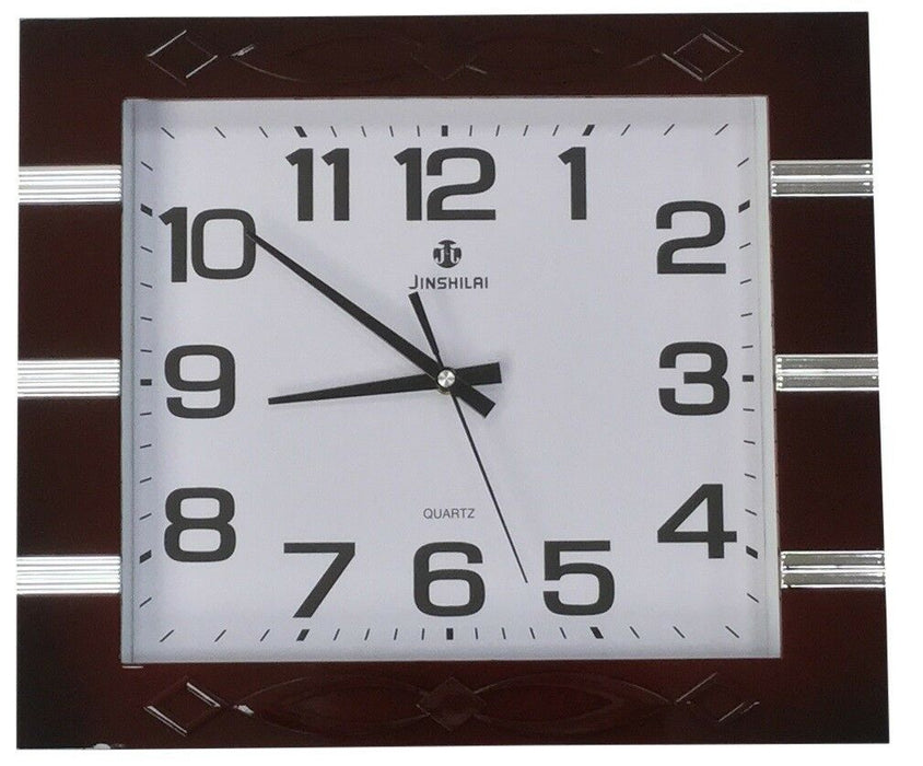 Large 40cm x 35cm Rectangle Wall Clock Maroon Frame With Gloss Silver Stripes