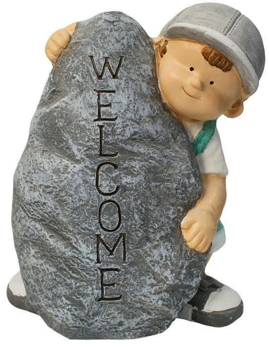 Heavy Weight Large Country Breeze Boy Welcome Home Statue Figurine Holding Stone