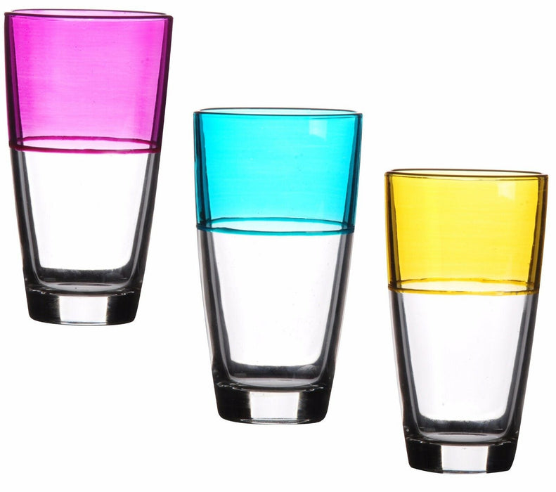 Set of 3 Classy Fun Coloured Glass Hi ball tumblers Pink Blue & Yellow