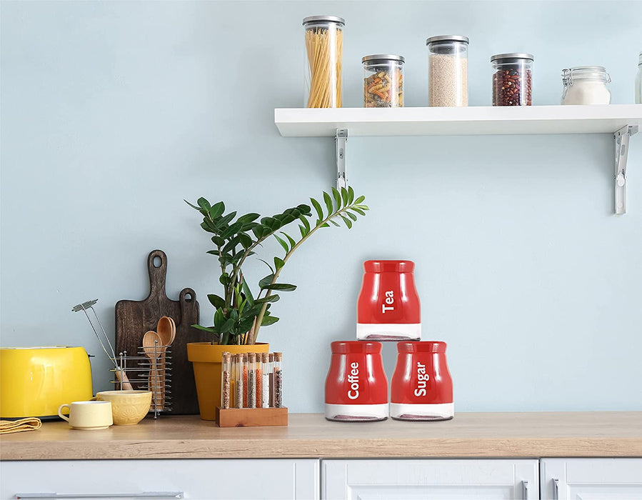 Set of 3 Red Glass Tea Coffee Sugar Canister Caddy Set Large 900ml