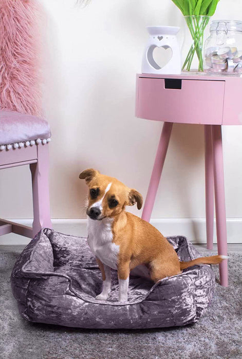Medium Dog Bed Grey Crushed Velvet Pet Bed Puppy Cushion Soft Plush Pet Basket