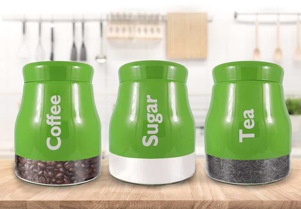Set of 3 Green Glass Tea Coffee Sugar Canister Caddy Set Large 900ml