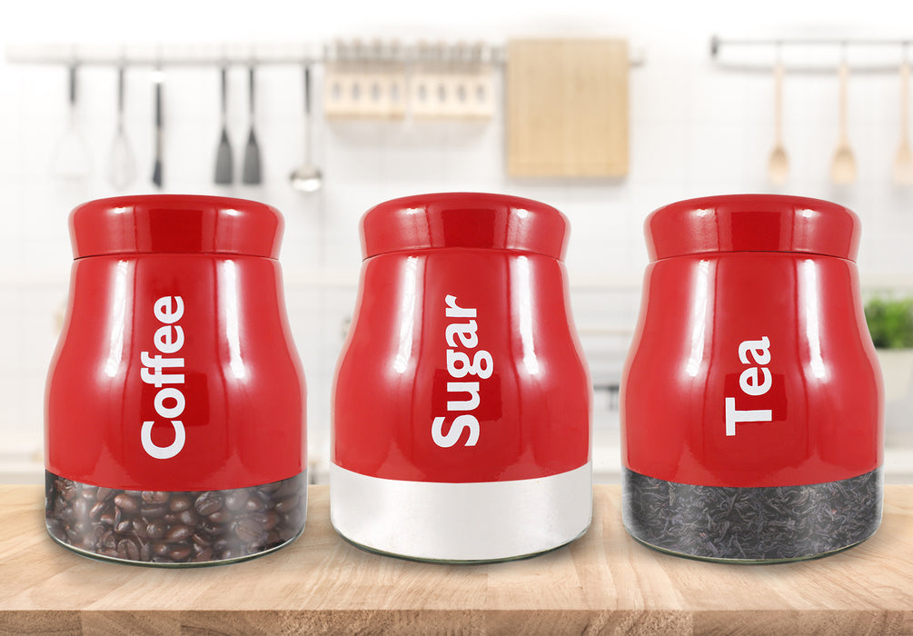 Set of 3 Red Glass Tea Coffee Sugar Canister Caddy Set Large 900ml