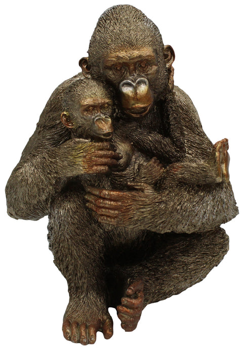 Large 23cm Bronze Gold Great Ape Figurine Cuddling Baby Ape